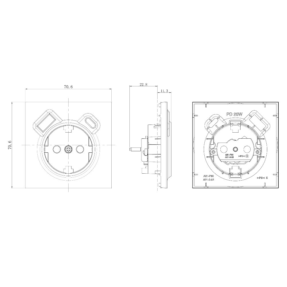 Розетка встраиваемая Donel R98 с заземлением и шторками + зарядка USB A+C 20W Белый матовый DA15500-DA22233 — изображение 7