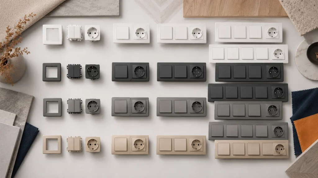 Рамки и механизмы розеток в белом, графитовом и цвете шампань